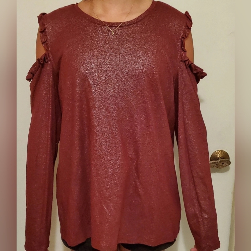 Michael Kors Woman's Cold Shoulder Top Ruffle Long Sleeve Shirt- Size XL